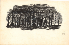 CMO00300-245 Boerderij met verlichte vensters omgeven door bomen. Illustratie bij artikel ''Twee haardtegels van ...