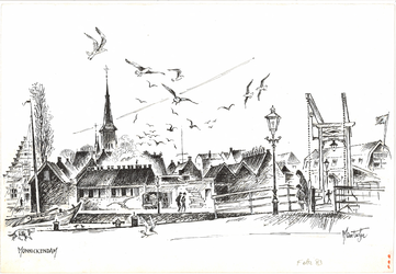 CMO00400-225 Gezicht op Monnickendam met rechts de Lange Brug en links de Katholieke Nicolaaskerk. Links van de brug de ...