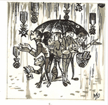 CMO11401-801 Mannen onder paraplu schuilen voor de lintjesregen.