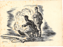 CMO12201-041 Twee soldaten uit de achttiende, negentiende eeuw achter een kookpot