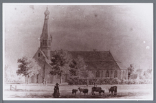 WAT002002705 Afbeelding van de Nederlands-hervormde Kerk te Jisp.Informatie:Vlak na een grote brand in 1542 waarbij de ...