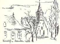 WAT120001665 OQ Dorpsbeelden/OQ D0319 - 1963, pentekening door burgemeester Moll van raadhuis en kerk (2)