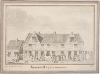 WAT001020893 Het armenhuis anno 1661 met bewoners in en rondom het huis.