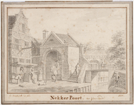 WAT001020900 De Neckerpoort met brug, winkelpand, ruiter te paard, visser en ander publiek.