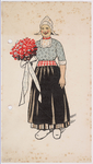 WAT001020970 Spijskaart met menu en verso een vrouw in klederdracht met bos bloemen en lint met opschrift.