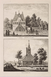 WAT001021003 Het raadhuis van Oosthuizen met passanten en koets.Het hervormde kerkje te Volendam.
