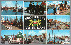 WAT001013291 Ansichtkaart met verschillende afbeeldingen van Volendam erop.
