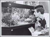 WAT001016377 Raymond Wisman kijkt geboeid naar been aquarium met vissen. Expositie aquavo.