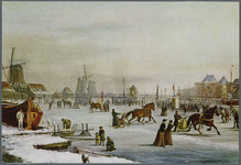 WAT002000013 Harddraverij op de Zaan bij Wormerveer 1891. Schilderij van Klaas van Vliet (1841-1917) met de bevroren ...