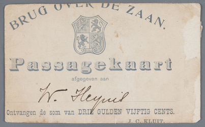 WAT002002132 Passagekaart (jaarkaart) van W. Heijnis voor de Zaanbrug (tolbrug)Tolheffing is afgeschaft op 1 januari 1943.