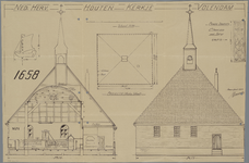 WAT001021101 Doorsnede, projectie en aanzicht van de Nederlands-Hervormde kerk van Volendam, alsmede de tekeningen van ...