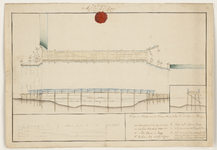 1202-KD000166 Plan en profil van de nieuwe te makende Schoekupenbrugge Bovenaanzicht en twee profielen met waterhoogten ...
