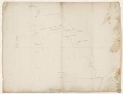 12461-KD000095 Op de achterkant geschreven: Raeckt de Betimmeringe van 't BelheemspleynSituatietekening van de gebouwen ...