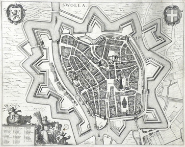 918-KD000348 Swolla Plattegrond van Zwolle met onder andere het raadhuis, vestingwerken, kerken, kloosters, gasthuis, ...