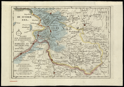 1081-KD000403 Kaart der doorbraken en overstroming van OverYsel en Gelderland op den 4 feby 1825. Kaart waarop de ...