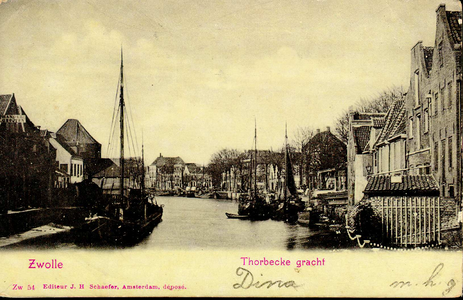 1278 PBKR3777 Thorbeckegracht ca. 1900 gezien van de Diezerpoortenbrug naar het westen met links het Pelsertorentje, ...