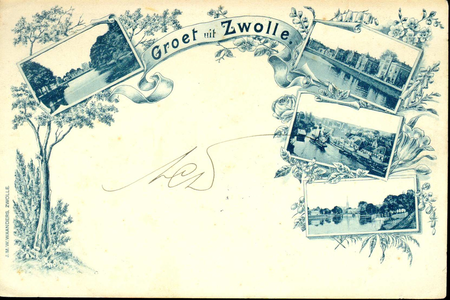 1362 PBKR4936 Schmuckkaart van Zwolle met vier foto's: de stadsgracht langs het Groot Wezenland (?); het Klein ...