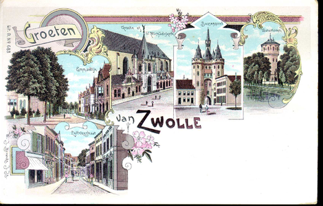 1561 PBKR4955 Combinatiekaart van Zwolle, met gekleurde tekeningen door W.J. Berends van de Emmawijk; de Grote Kerk met ...