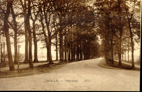 2132 PBKR3914 Veerallee (nu Oude Veerweg) met wegwijzer, 500 meter tot het Katerveer aangevend. Geen tramrails te zien, ...