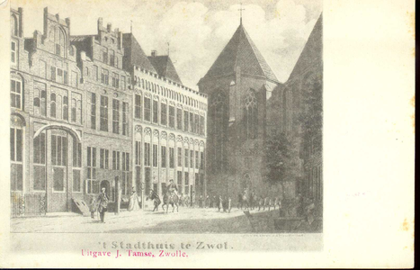 2530 PBKR3416 Sassenstraat 2, het stadhuis en rechts het koor van de Grote Kerk. Het stadhuis werd gebouwd midden 15e ...