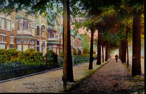 2552 PBKR3974 Veerallee 1920-1925 gezien naar het noorden bij de Emmastraat, dubbele rij bomen. Alle huizen hebben een ...
