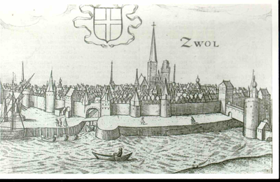 3082 PBKR5222 Prent gravure panorama op Zwolle ca, 1580, met middeleeuwse stadsmuren, stadspoorten en muurtorens. ...