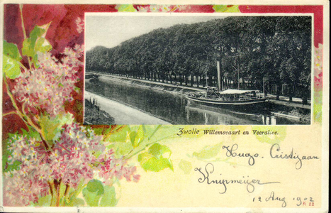 3430 PBKR4132 Prentbriefkaart met bloemmotief hortensia (?) In inzet: Willemsvaart met Veerallee, een stoomboot met ...