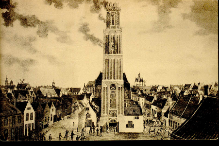 4613 PBKR2586 Prentbriefkaart van het schilderij waarop de brand in de toren van de OLV-kerk staat afgebeeld. De brand ...