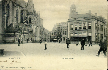5455 PBKR1627 De Grote Markt met rails van de paardentram. Links de Grote Kerk met noorderportaal en links daarvan de ...