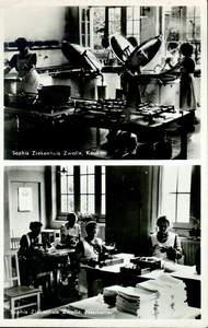 6065 PBKR2870 Rhijnvis Feithlaan, Sophia Ziekenhuis, 1946-1947. Boven Interieur keuken.Onder: interieur naaikamer.Het ...