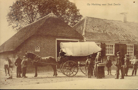641 PBKR4224 Wipstrikkerallee, Herberg de Hanekamp ca. 1905 waarvoor een ingespannen boerenhuifkar staat, twee mannen ...