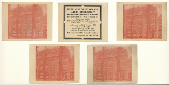 1053 -TP000953 Collageblad met advertentie voor hotel 'De Beurs' aan het Grote Kerkplein in Zwolle, met daar omheen ...