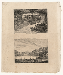 1058 -TP000958 Twee afbeeldingen op een vel. Afbeelding 1 (ondersteboven): Een gebouw uit de bergen gehakt bij de ...