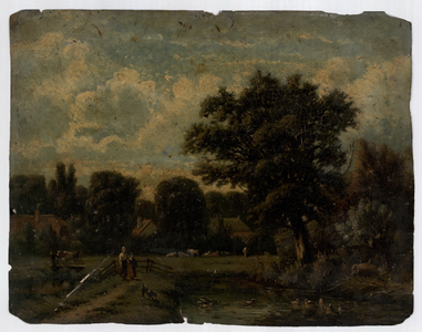 126 -TP001045 Een landschap met huizen, bomen, dieren en twee kinderen op de voorgrond.