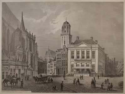 209 -TP001092 Gezicht op de Grote Markt in Zwolle, met links de Hoofdwacht en de Grote of St. Michaëlskerk en in het ...