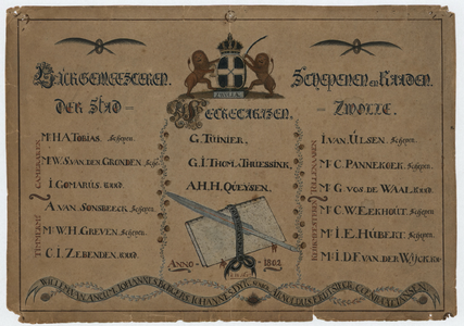 215 -TP001098 Lijst met namen van de schepenen van de stad Zwolle in 1802. Burgemeesteren Schepenen en Raaden der stad ...
