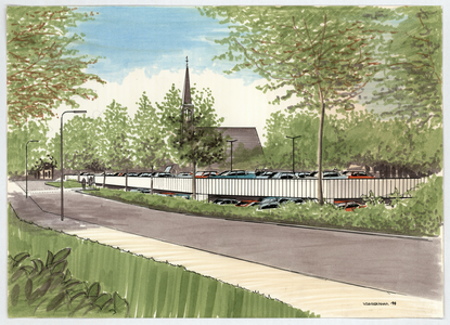 218 -TP001101 Presentatietekening van een (niet-uitgevoerd!) parkeerdek op de Turfmarkt met op de achtergrond de ...