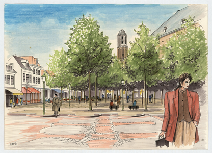 219 -TP001102 Presentatietekening van inrichting van het Grote Kerkplein met op de achtergrond de toren van de Onze ...