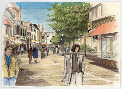 257 -TP001104 Presentatietekening Luttekestraat vanuit het zuiden gezien met rechts het Grote Kerkplein., 1991