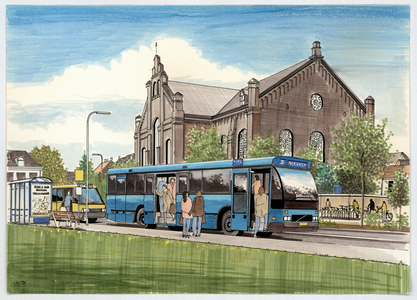 258 -TP001105 Presentatietekening van de Ter Pelkwijkpark met Plantagekerk gezien vanuit het noord-oosten. Op de ...