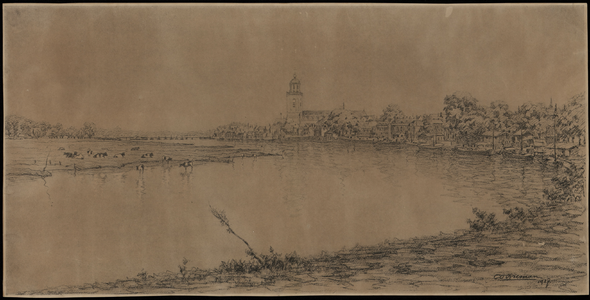 267 -TP001114 Podloodtekening van Deventer aan de IJssel vanuit het Zuidwesten Te zien zijn aan de oostelijke oever de ...