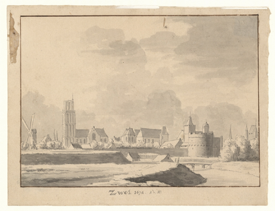 495 -TP000105 Gezicht op Zwolle vanuit het zuiden met Onze Lieve Vrouwekerk en Peperbus zonder spits, Grote- of St. ...