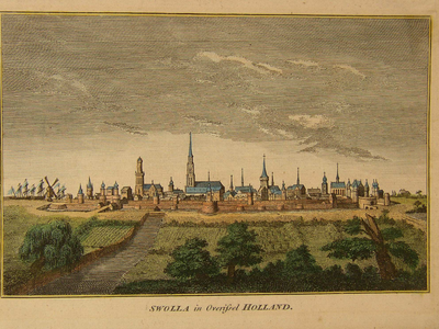 496 -TP000106 Gezicht op vesting Zwolle als ommuurde stad vanuit het zuiden met op de voorgrond akkers en bomen., 1650