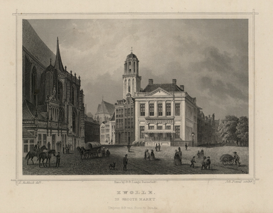 554 -TP000703 De Grote Markt in Zwolle, met links de Hoofdwacht, op de voorgrond de Harmonie en op de achtergrond de ...