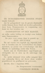 633 -TP000175 Pamflet uit 1913 waarop een vergunning wordt afgekondigd. DE BURGEMEESTER DEEZER STADT maakt bekend: / ...