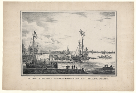 855 -TP000292 Het stoomjacht De Leeuw, met koning Willem-II (1792-1849) aan boord, aan de kade van de Katerveersluis, ...