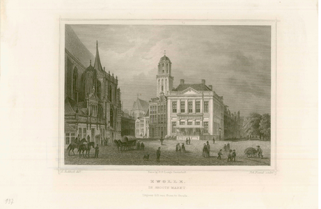 860 -TP000297 Gezicht op de Grote Markt; links de Hoofdwacht en het portaal van de Grote Kerk, in het midden gebouw De ...