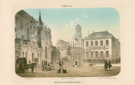 989 -TP000358 De Grote Markt, met links de Grote Kerk en Hoofdwacht, midden onder andere huis De Drie Flesjes (tabak) ...
