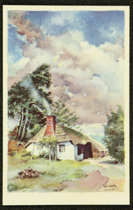 228 Ansichtkaart Veluwereeks, ontwerp van Piet Smeele, aquarel boerderij, 1942-01-01