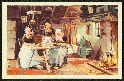 229 Ansichtkaart Veluwereeks, ontwerp van Piet Smeele, aquarel interieur boerderij vrouwen aan tafel, 1942-01-01